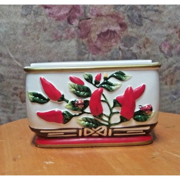 Vintage ceramic Napkin Holder red pepper red chillies embossed Unique Rare EUC - Picture 7 of 7